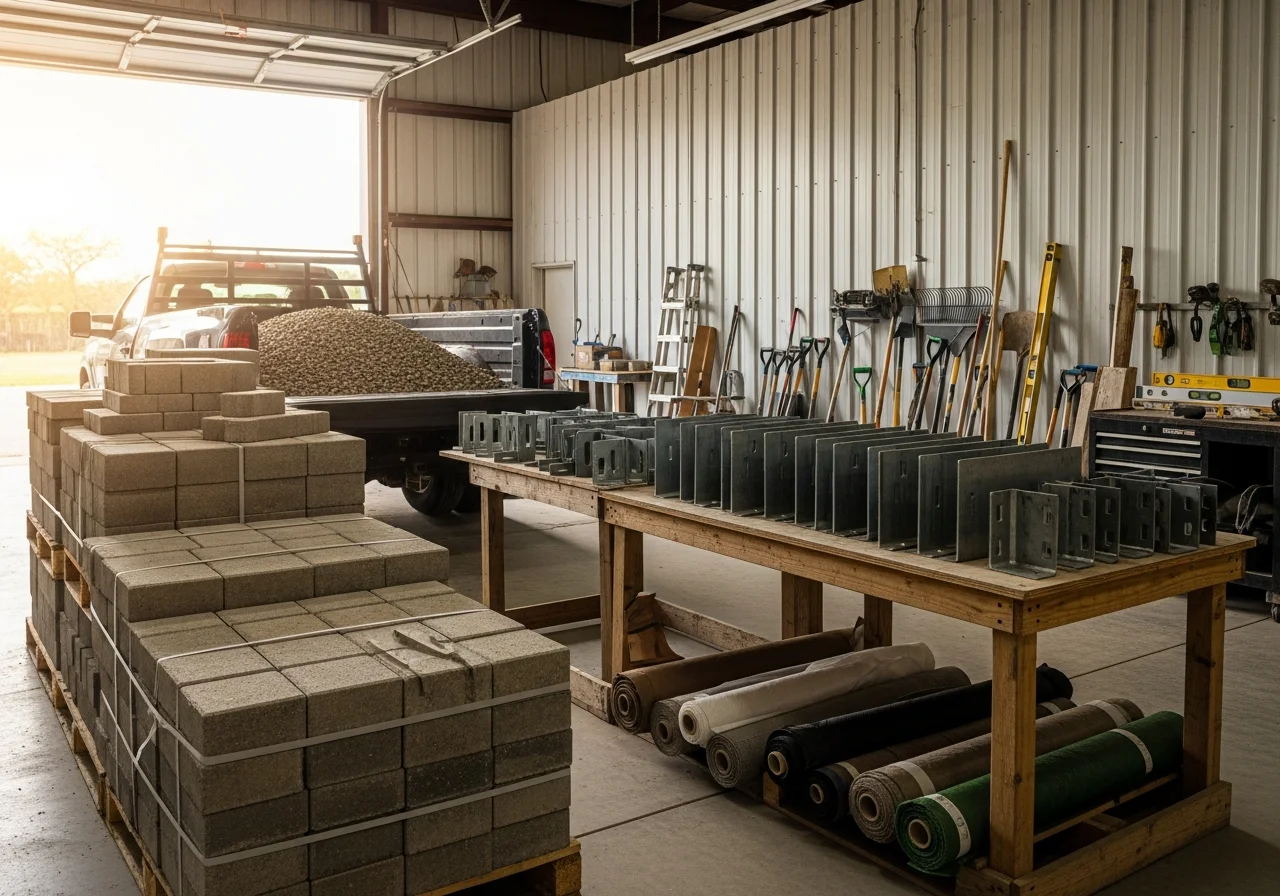 Landscaping crew with tools and equipment ready for hardscape installation work. Professional team prepared for outdoor design and construction projects.