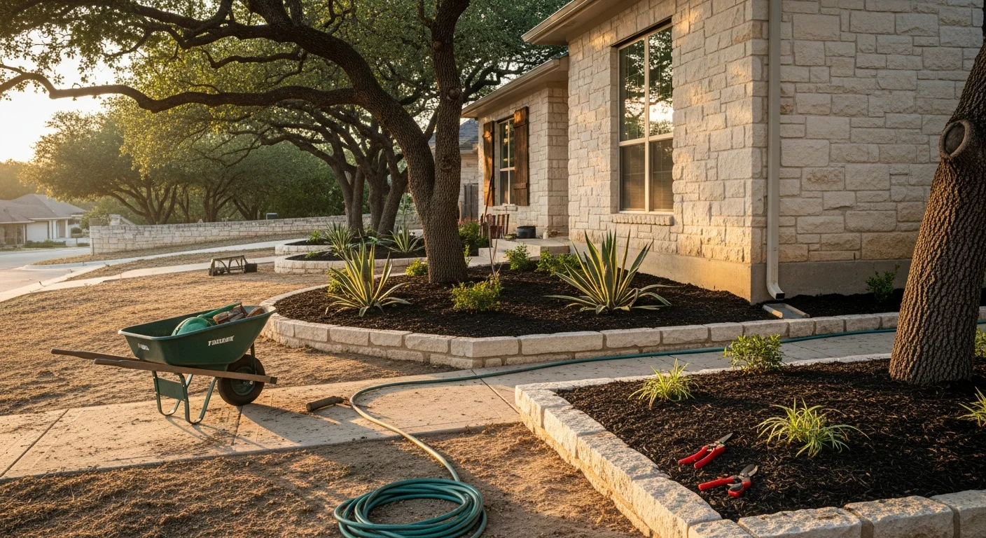 Professional landscaping installation with plants and mulch in San Antonio yard