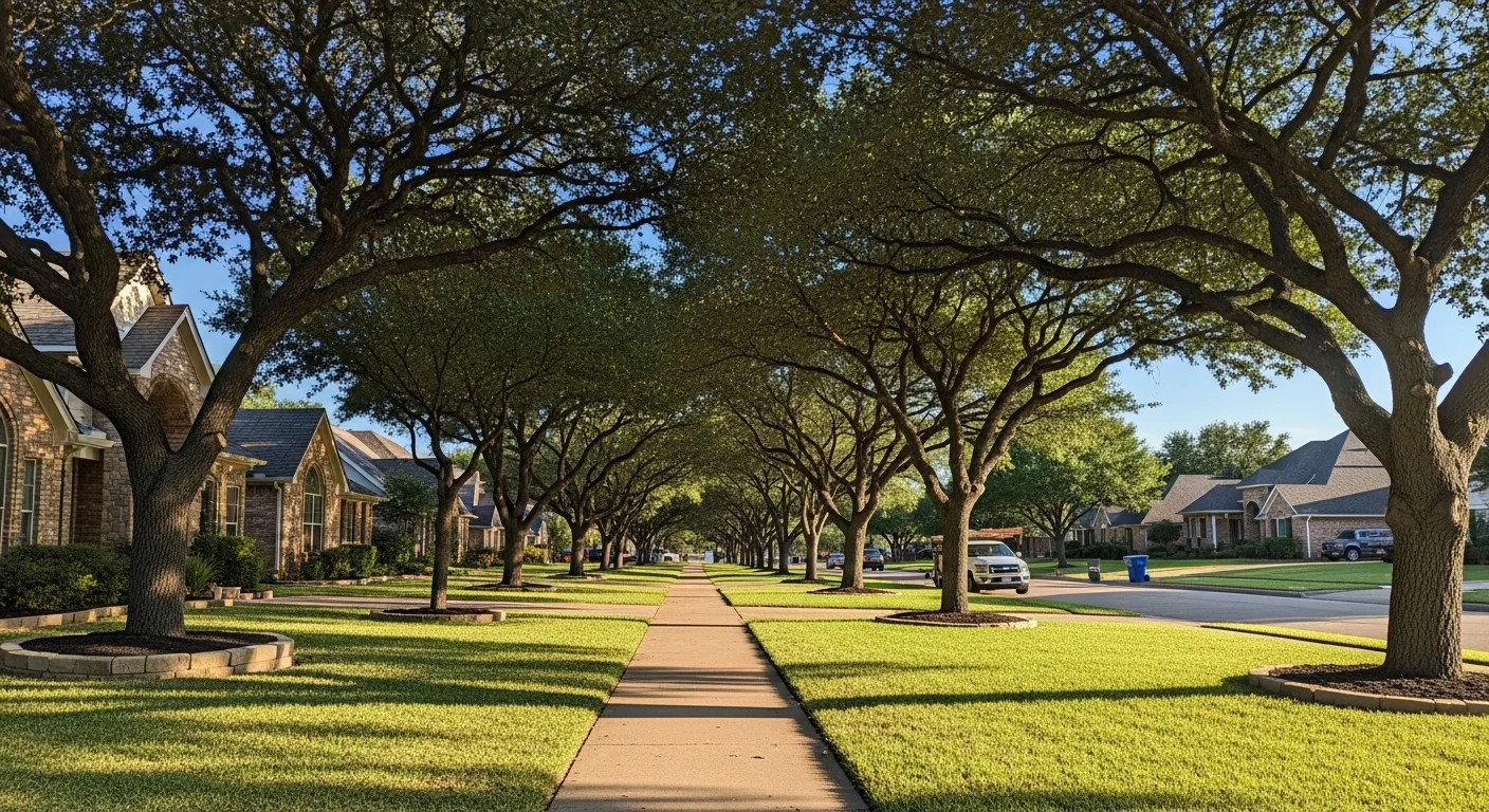 Tree-lined residential street in Leon Valley with established homes and well-maintained lawns under clear Texas sky.
