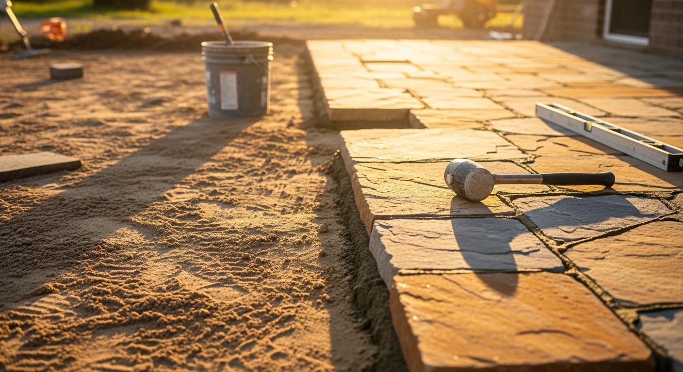 A completed flagstone patio installed by Lawnscaping LLC in Leon Valley, Texas, showing fitted natural stone set into a residential backyard with clean joints and a stable, level surface. The stone surface extends from the back of a single-family home toward a grassy yard under a clear Texas sky.