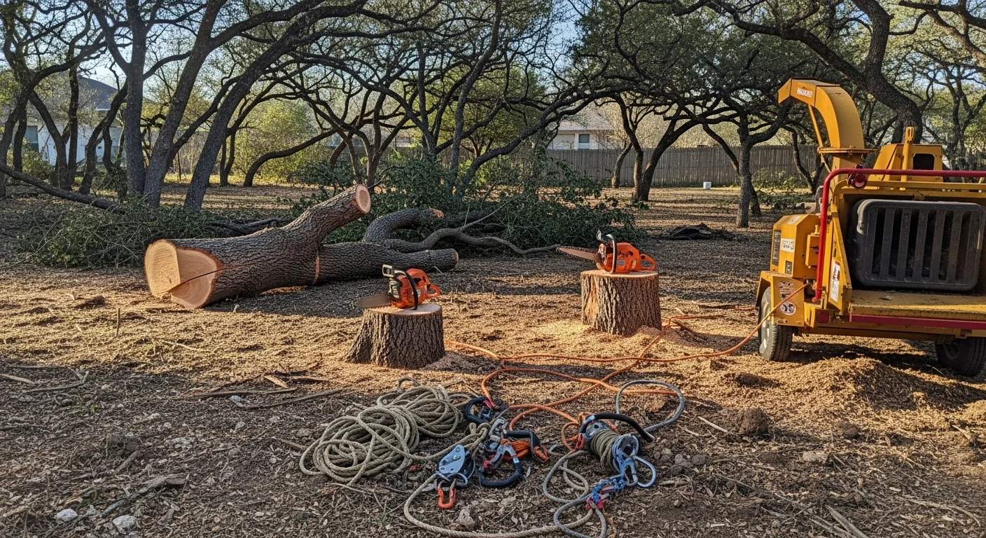 A large dead tree with a cracked trunk being removed from a residential yard in Leon Valley, Texas. The tree leans toward a single-family home, with a crew working to section and lower the trunk safely away from the structure.