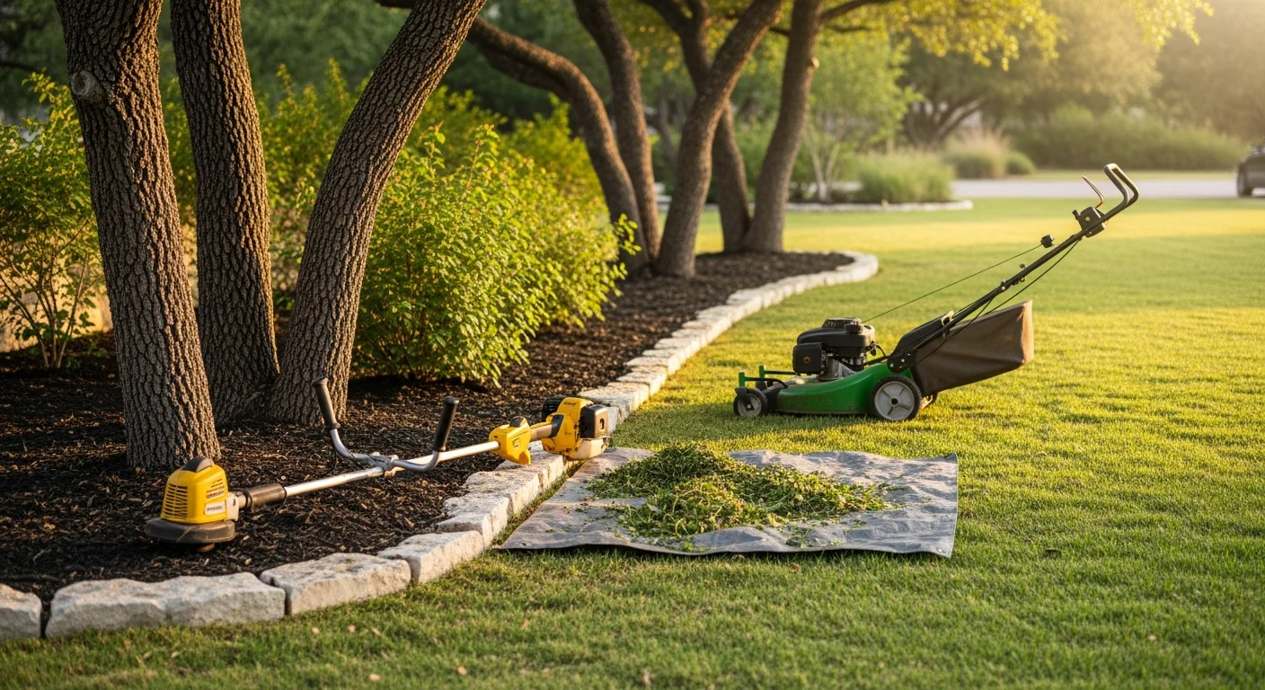 A well-maintained front yard in a Leon Valley mid-century residential neighborhood, showing freshly mowed warm-season turf, clean bed edges, and trimmed foundation shrubs. A Lawnscaping LLC crew member edges the lawn along a concrete walkway on a sunny Texas morning.