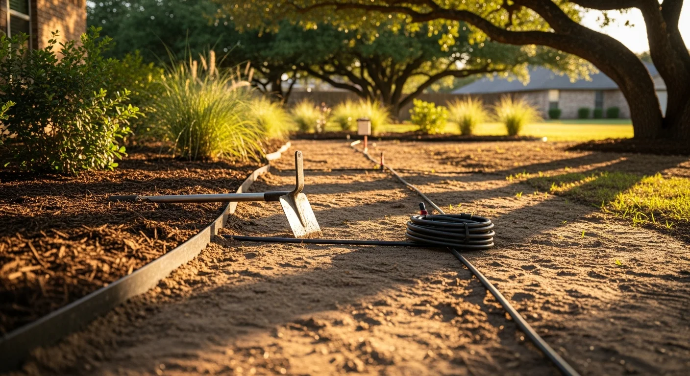 A remodeled front yard at a mid-century Leon Valley home showing clean bed lines, restored warm-season turf, and reshaped foundation shrubs. The yard reflects a practical, heat-tolerant design suited to the northwest San Antonio suburban setting.