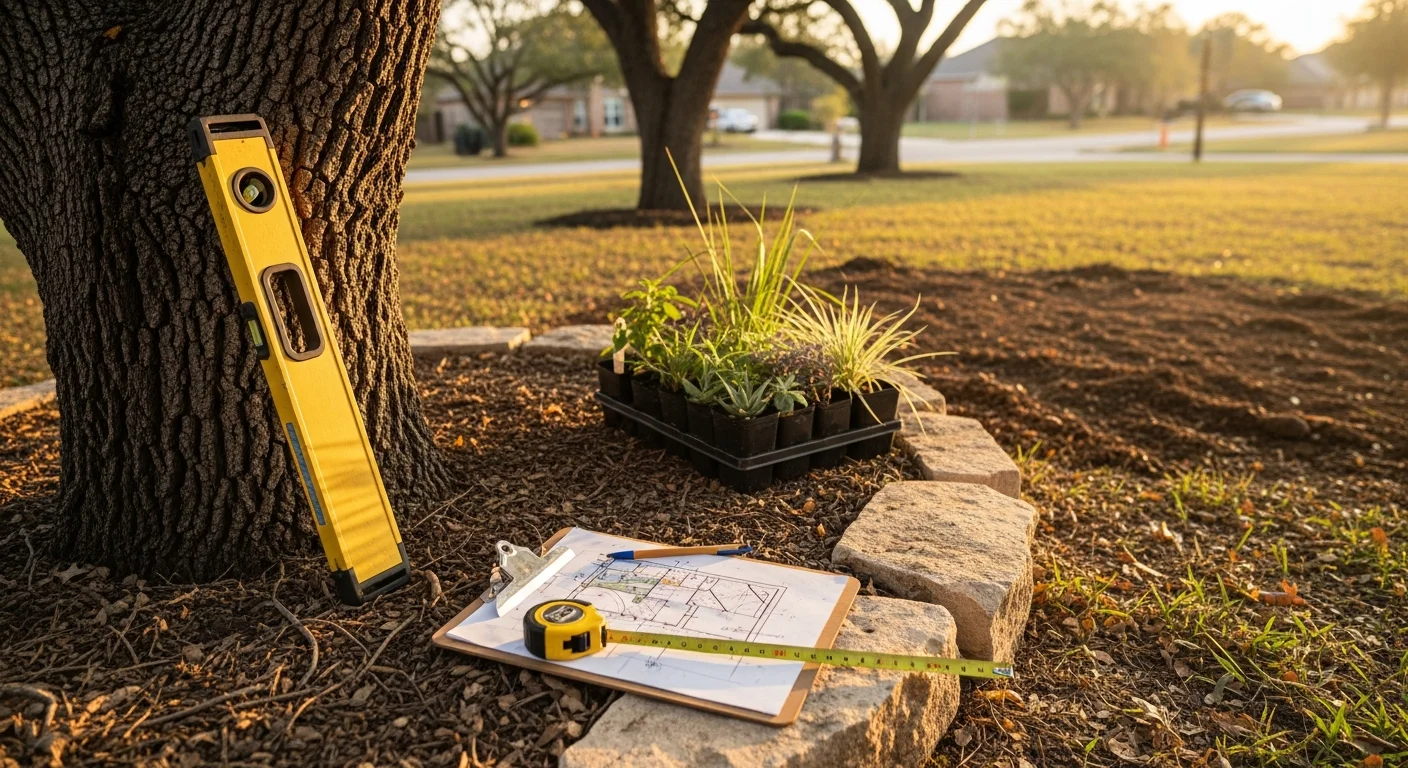A redesigned front yard at a single-family home in Leon Valley, Texas, showing low-water native plantings, defined bed edges, and a clean lawn area replacing overgrown foundation shrubs. The design reflects the settled, mid-century residential character common to Leon Valley neighborhoods.