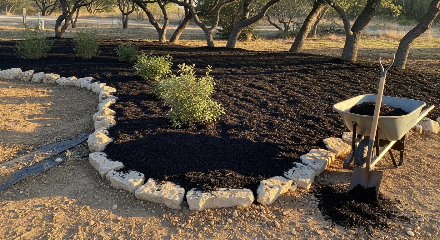 A Leon Valley residential front yard with freshly delivered bulk mulch spread evenly across defined foundation beds surrounding mature shrubs. Dark mulch contrasts against green plants along a mid-century home typical of the established northwest Bexar County neighborhood.