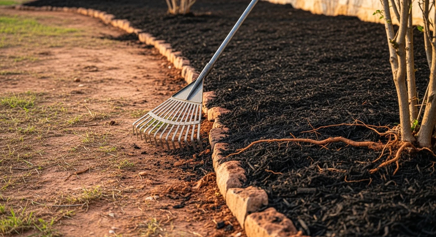 Freshly installed dark mulch covering a residential planting bed with defined edges in a Leon Valley, Texas front yard. The mulch layer surrounds established shrubs and a tree ring on a mature residential property.