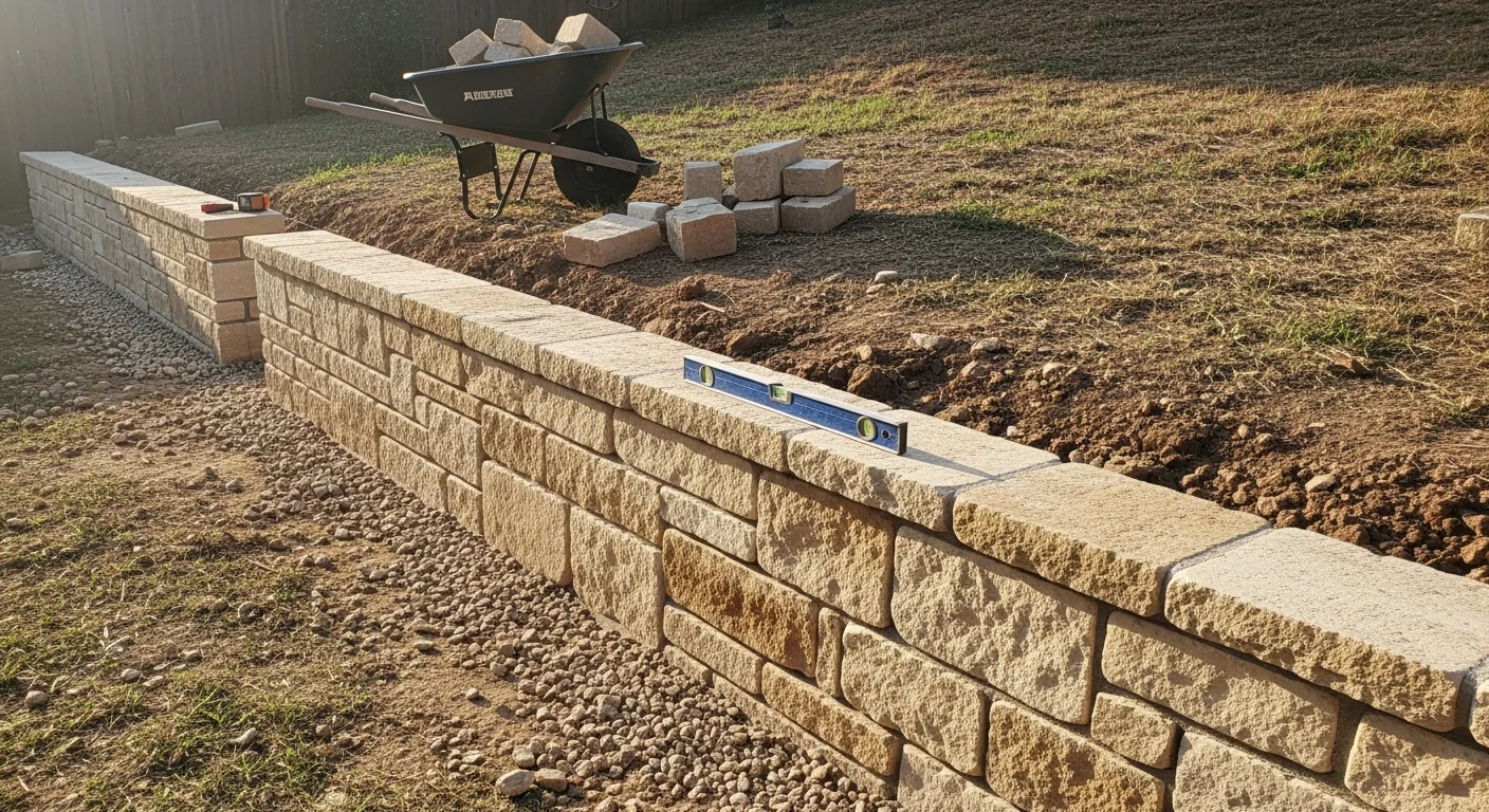 A newly constructed retaining wall on a sloped residential lot in Leon Valley, Texas, with clean stacked courses holding back a raised planting bed. The surrounding yard shows compacted base material and graded soil ready for landscaping.