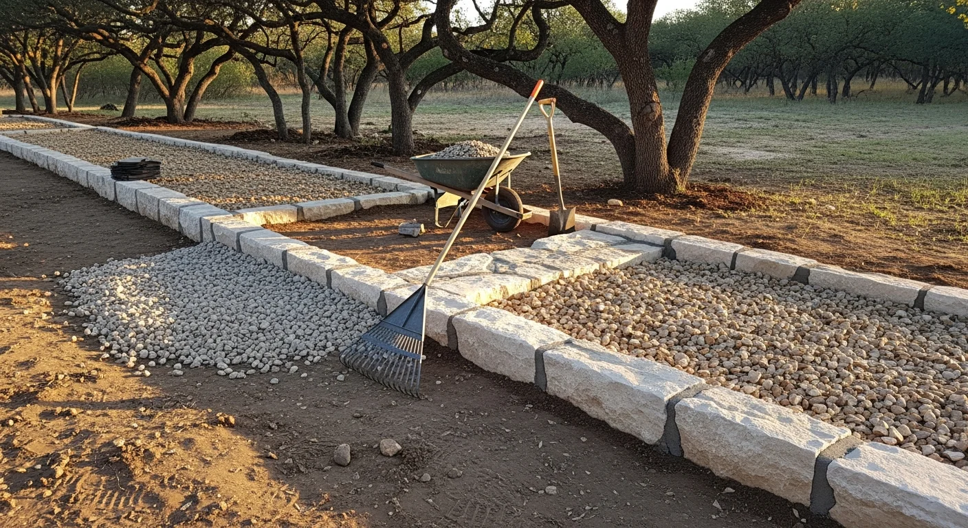 Decorative rock bed installation along a residential foundation in Leon Valley, Texas, with clean stone borders and compacted ground cover. A hardscape contractor levels and places rock in a front yard typical of the established northwest Bexar County neighborhood style.