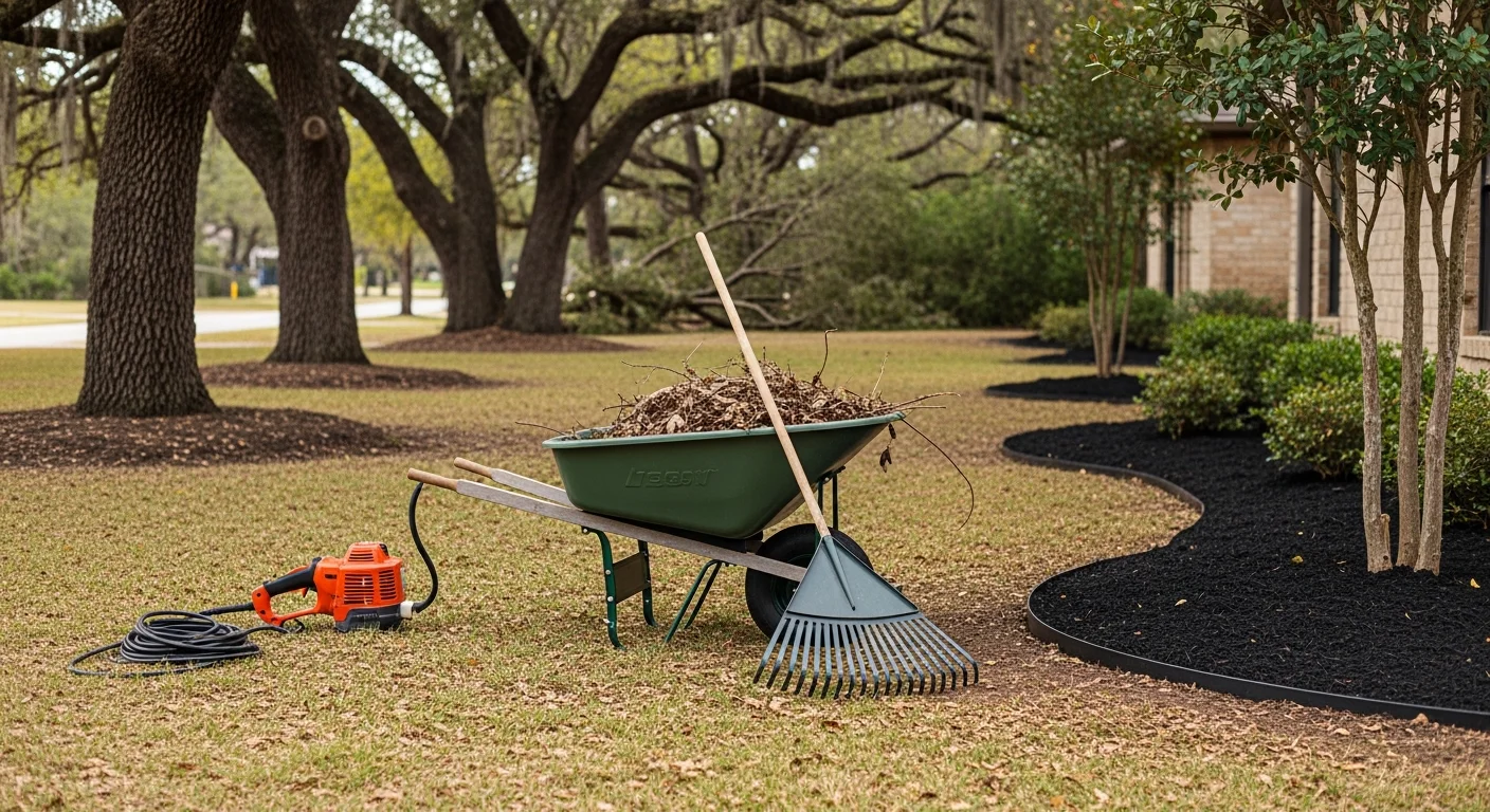 A cleaned and edged front yard at a Leon Valley home, with leaf debris removed, shrubs cut back, and planting beds clearly defined along the foundation. Mature trees are visible in the background on a residential street.