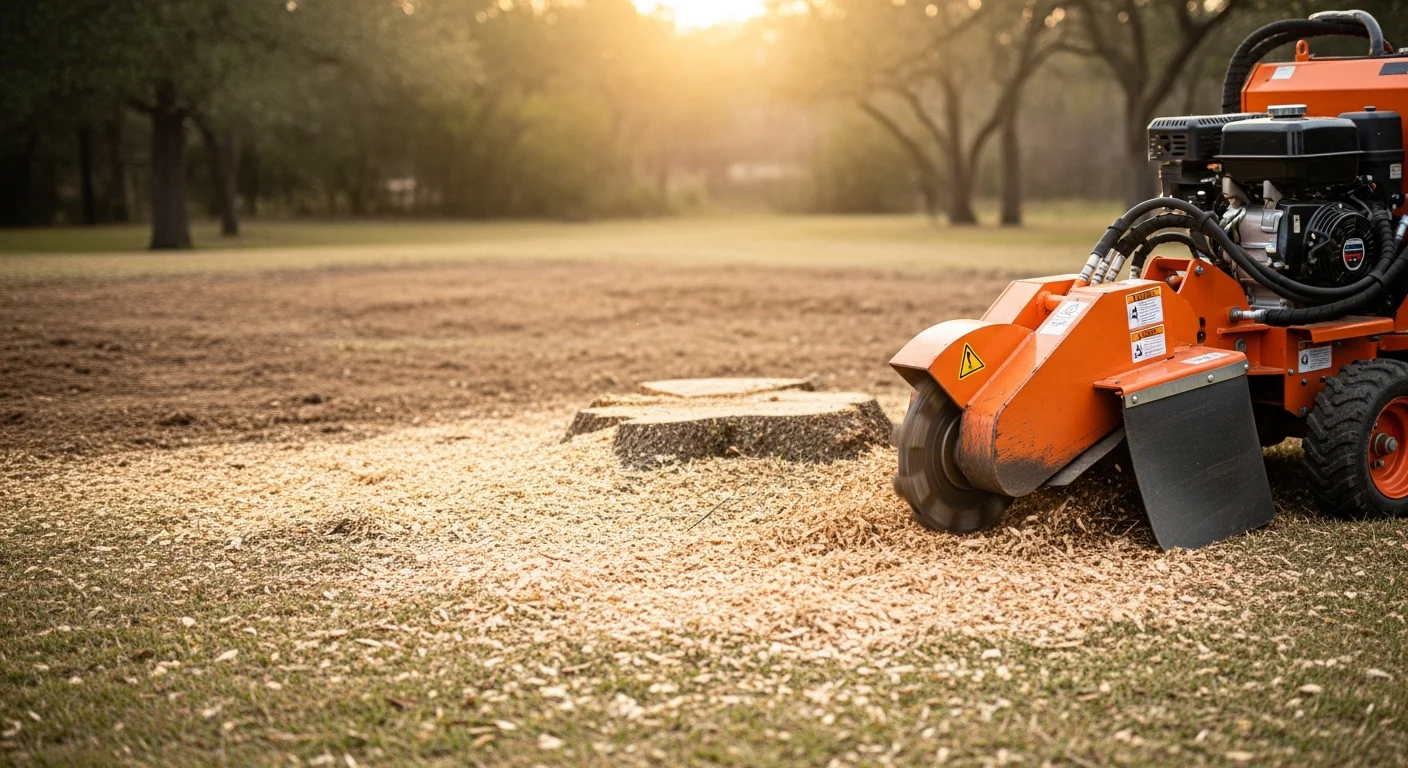 A freshly ground tree stump in a Leon Valley, TX residential backyard, with wood chip debris spread around a level soil surface where a live oak once stood. The surrounding lawn and fence line remain undisturbed after professional stump grinding service.