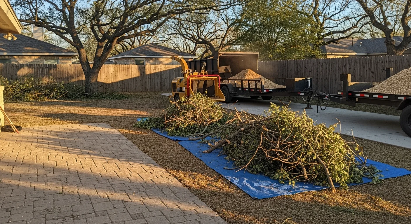 A Leon Valley residential backyard with fallen live oak branches and woody debris loaded into a truck by a tree service crew. The cleared yard shows a clean lawn and open driveway after debris removal is complete.