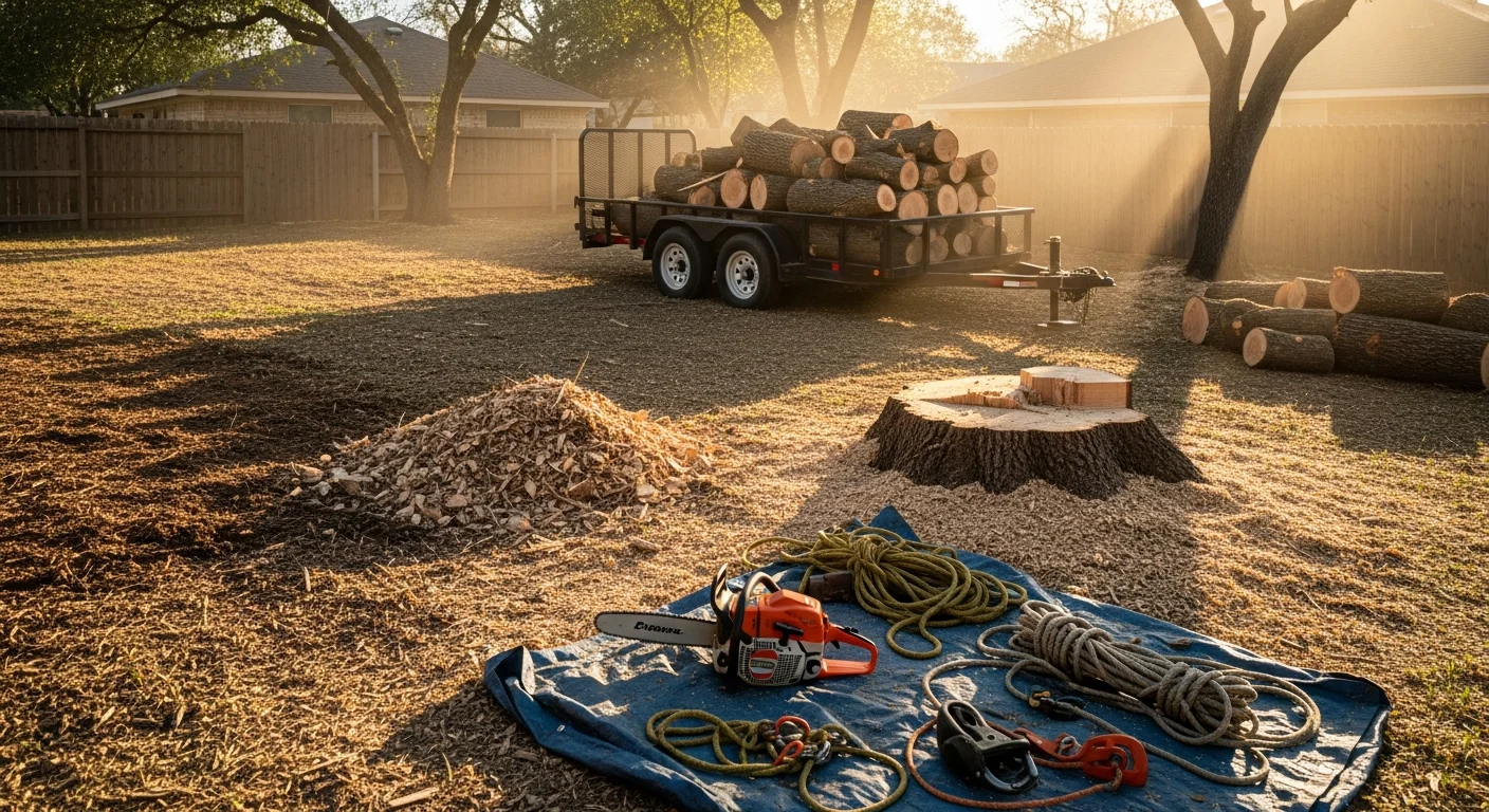 A large dead live oak tree being sectioned and removed from a residential yard in Leon Valley, Texas, with a cleared lawn and intact fence line visible in the background.