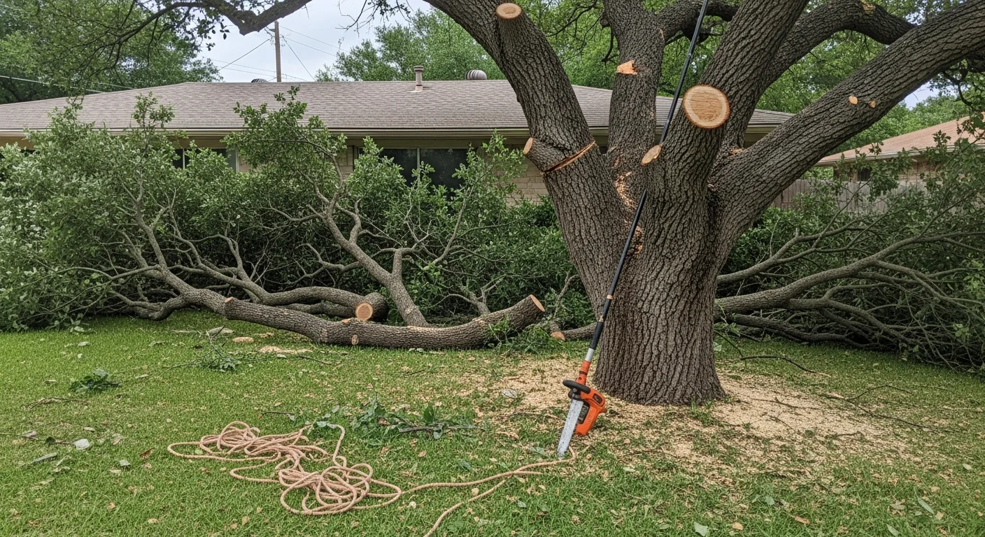 A mature live oak tree in a Leon Valley residential yard with a freshly trimmed canopy, showing clean branch cuts and open structure. A Lawnscaping LLC crew member works near the tree with trimming equipment, with a mid-century home visible in the background.