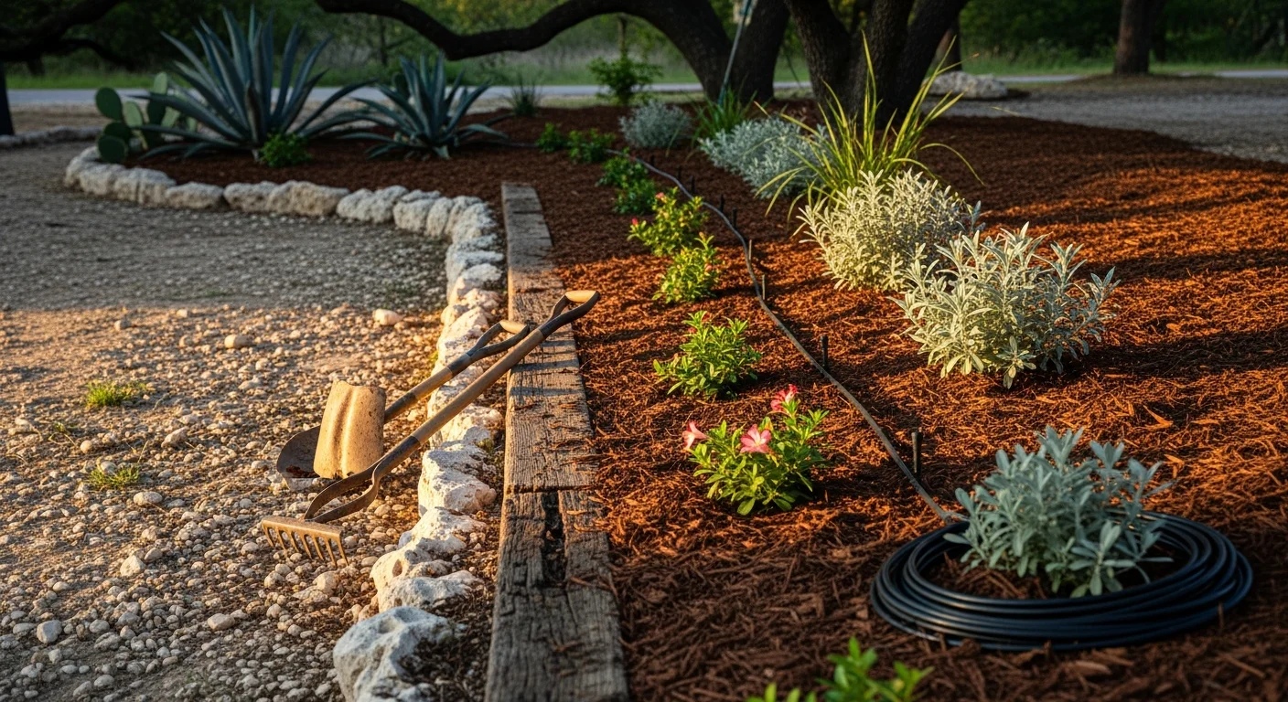 A Leon Valley residential front yard after xeriscaping, showing structured native plant beds, decomposed granite ground cover, and drought-tolerant shrubs replacing a traditional turf lawn. The design reflects the rocky South-Central Texas landscape with clean bed lines and low-water plantings.